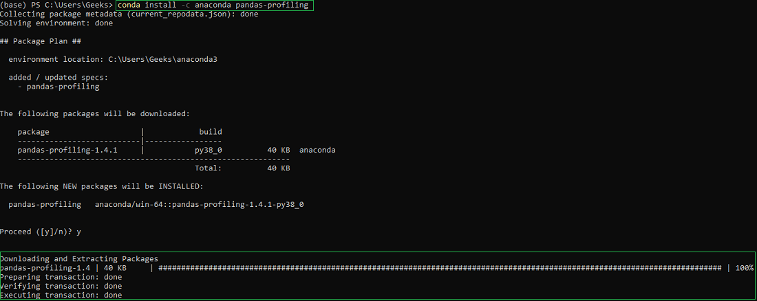 installing pandas profiling using conda