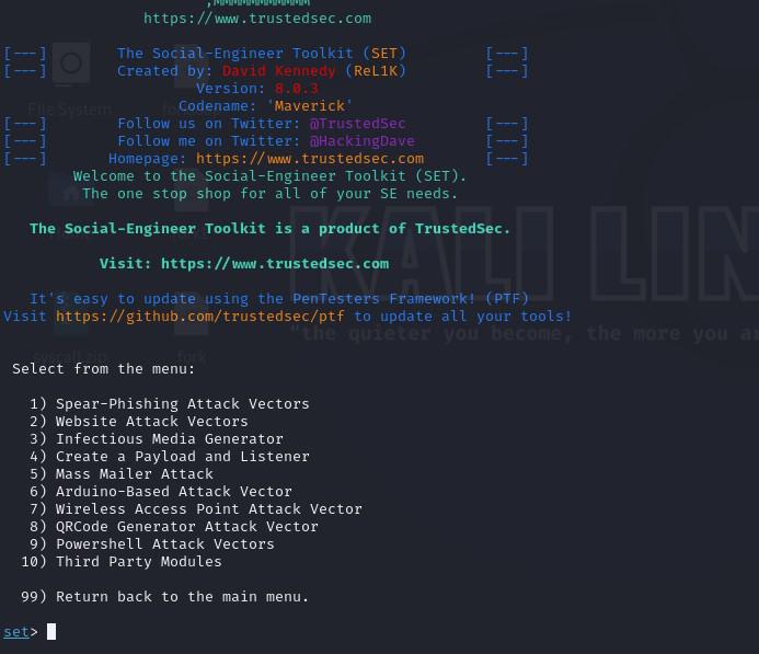 Launching setoolkit tool