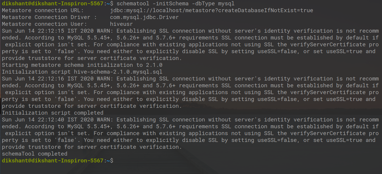 Initialize schema for MySQL database in HIve Installation