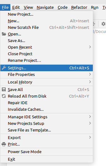 PyCharm File Menu
