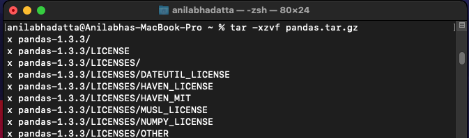 extracting the pandas.tar.gz file in macos