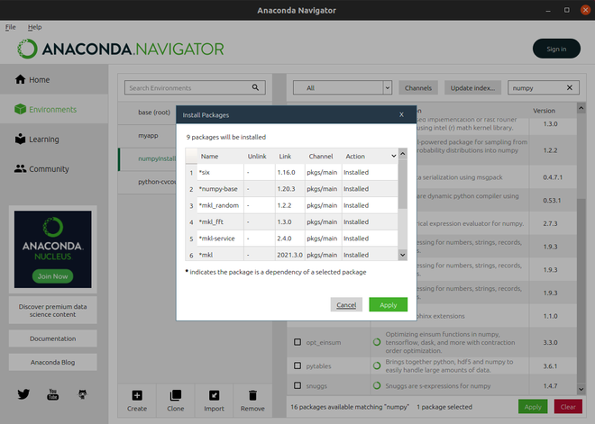 Using Anaconda-Navigator to Install Numpy on Linux