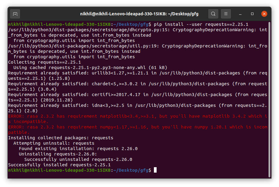 downgrade package python pip