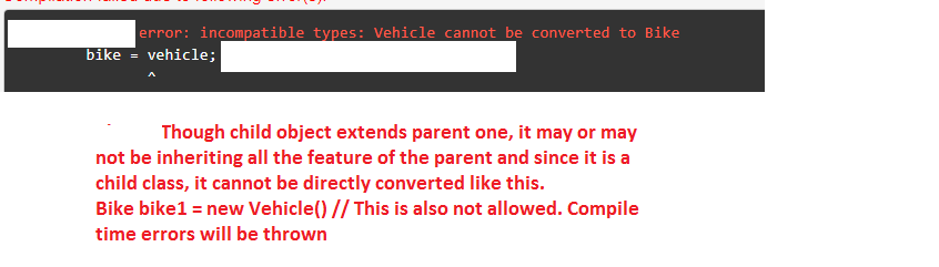 Compile time error occurrence when tried to convert parent object to child object