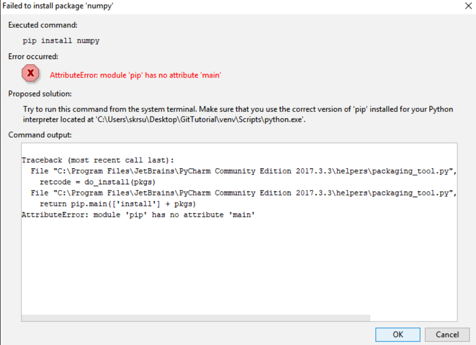 error while installing numpy in PyCharm
